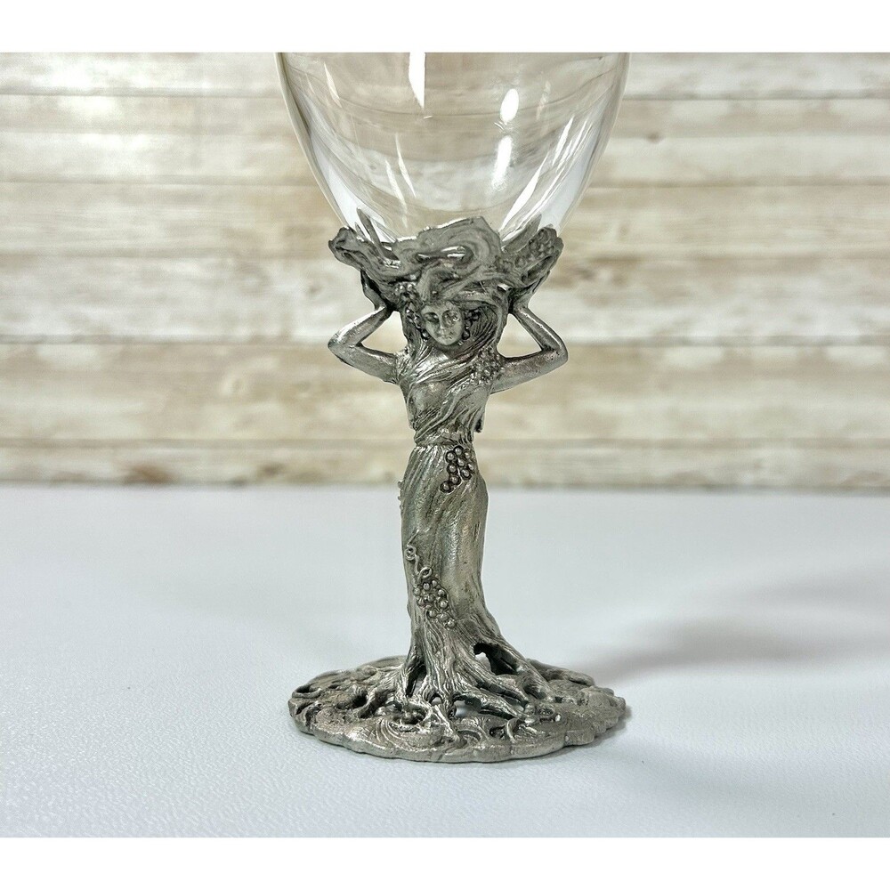 Art Nouveau  Stemmed Goblet Wine Glass Metal Lady In Dress Stem